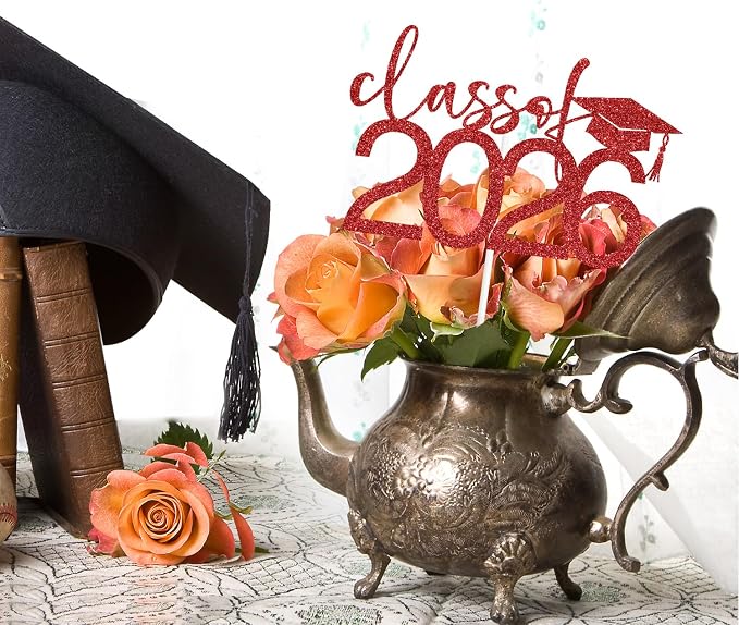 Class of 2026 Cake Topper, Congrats 2026 Cake Décor, Congrats Grad, Happy Graduation, High School/Senior/University Graduation Party Decorations Red Glitter
