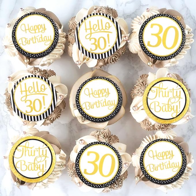 40Pcs Edible Circle Happy 30th Birthday Cupcake Toppers Edible Golden Hello 30 Thrity Baby Cupcake Picks Drink Toppers for Funny 30th Birthday Party Decorations