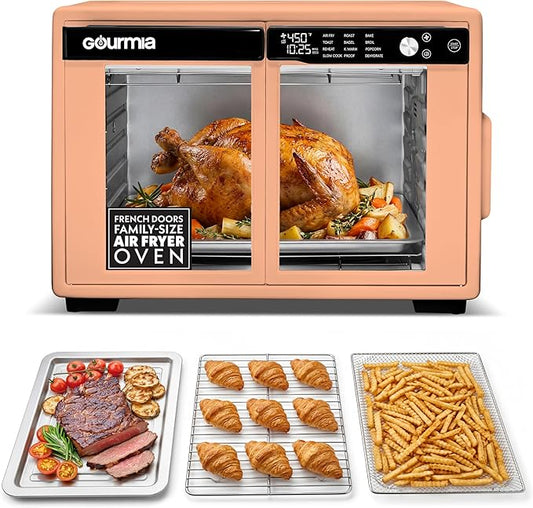 Gourmia French Door Air Fryer Oven - 37 Qt Large Capacity Convection Toaster Oven, FryForce 360°, Digital Display, 12 Cooking Presets, Dehydrate, Fits 13” Pizza, Dishwasher-Safe, Peach