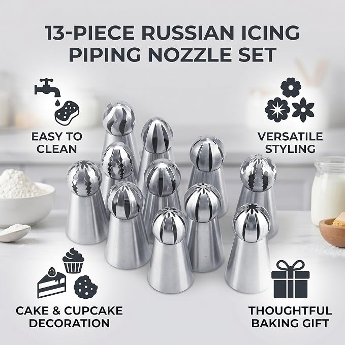 Russian Piping Tips Cake Decorating Kit, 13PCS Flower Shaped Frosting Nozzles Set for Cupcake Icing, Pastry Cake Butter Cream DIY Decor Baking