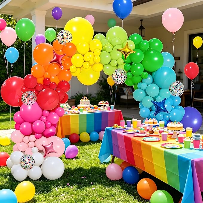 PERPAOL 146pcs Rainbow Balloon Arch Kit, 12 Assorted Multicolor Balloons for Birthday Party, Anniversary, Festival, Carnival Circus Decoration with Star Foil Confetti Balloons