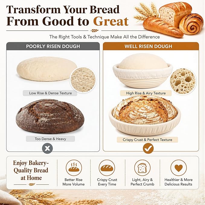 Sourdough Starter kit with Sourdough Starter Jar, 9" Round and Oval Banneton Basket, Dough Scoring Tool, Whisk and Bread Cutter for Homemade Bread a Complete Sourdough Kit