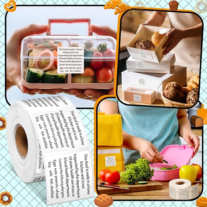 500 Count Cottage Food Law Labels Stickers Made in a Home Kitchen Decal 1.5” Square Food Thermal Printed Stickers with Allergen Warning for Home Kitchen Bakery Bread Sourdough