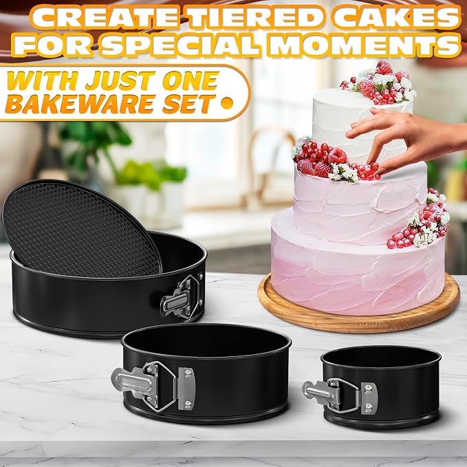 Spring Form Pan for Cheesecakes - Leak Resistant Springform Pan Set, Easy-Open Latch and Removable Bottom for Cake Lift, Nonstick Round Cake Pans Set 4 7 9 Inch, 60 Parchment Liners, Oven Safe to 450F