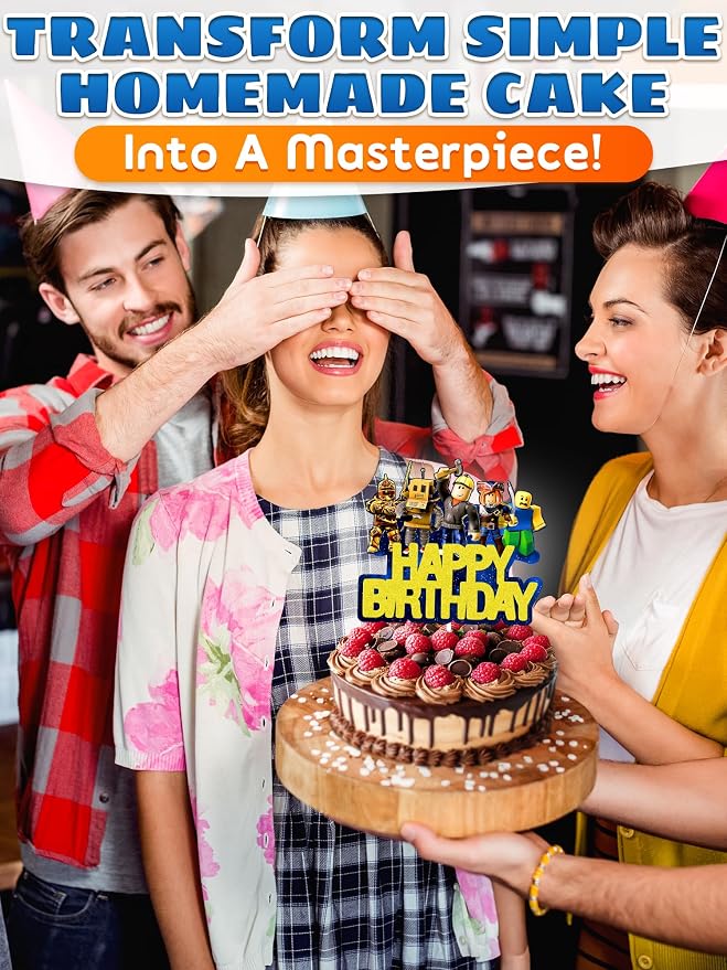Easy Adjusting Gamer Cake Topper with Eye-Catching Design - 5.1"x5.9" Video Game Cake Topper Happy Birthday, Made from Cardboard with Sturdy Plastic Stick - Boy & Girl Gamer Birthday Party Decorations