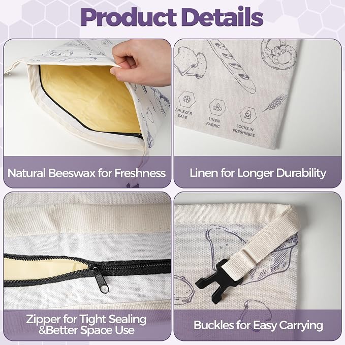 YARRAMATE Reusable Beeswax Bread Bags for Homemade Bread & Sourdough, 2 Pack XL 17x13in Linen Organic Bread Storage Bags with Zipper for Loaf, Baguette, Bagels and Sandwich Bread, Freezer Safe, Purple