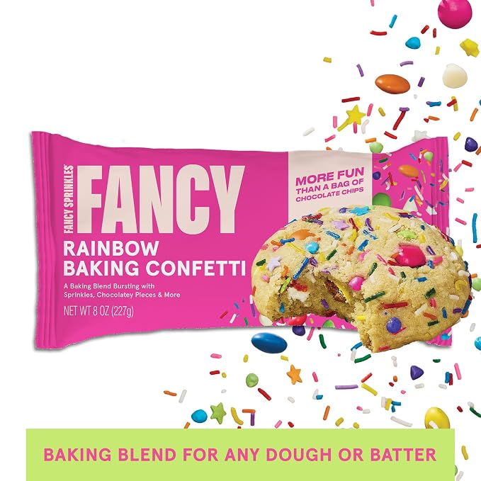 Fancy Sprinkles Rainbow Baking Confetti | Crunchy Jimmies, Chocolate Gems, Candy-Coated Morsels & Star Confetti | Cookie Mix-In & Cake Batter | Birthday & Rainbow Party | 8 oz (2 Pack)