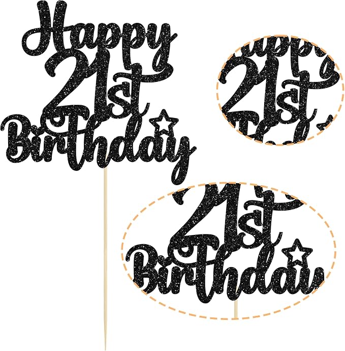 Gyufise 1Pc Happy 21st Birthday Cake Topper Glitter 21 & Fabulous Cheers to 21 Years Old Birthday Cake Pick for Celebrating 21st Anniversary Party Cake Decorations Black