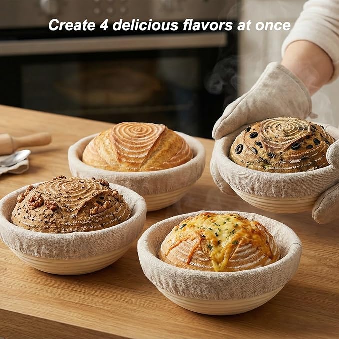 5 Inch Mini Banneton Bread Proofing Basket Set of 4, Easy-Clean Round Sourdough Proofing Basket, Small Banneton for Sourdough Bread Baking Supplies with Liners