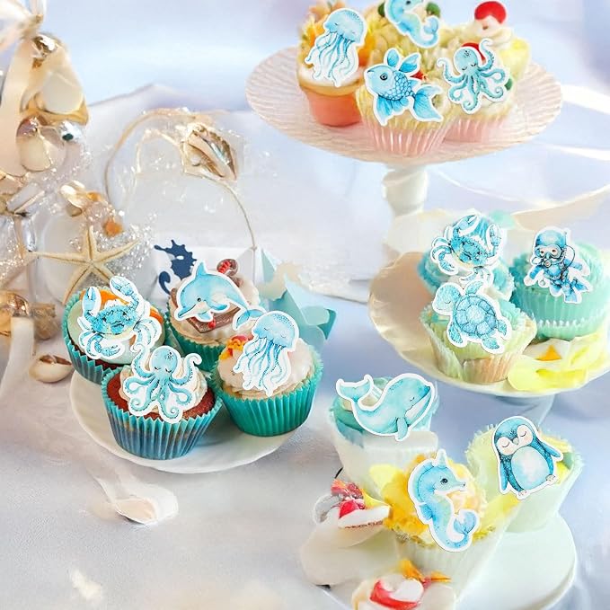 Gyufise 60Pcs Edible Ocean Sea Animal Cupcake Toppers Shark Dolphin Starfish Octopus Seahorse Cupcake Picks Baby Shower Cake Decorations for Under the Sea Theme Birthday Party Supplies