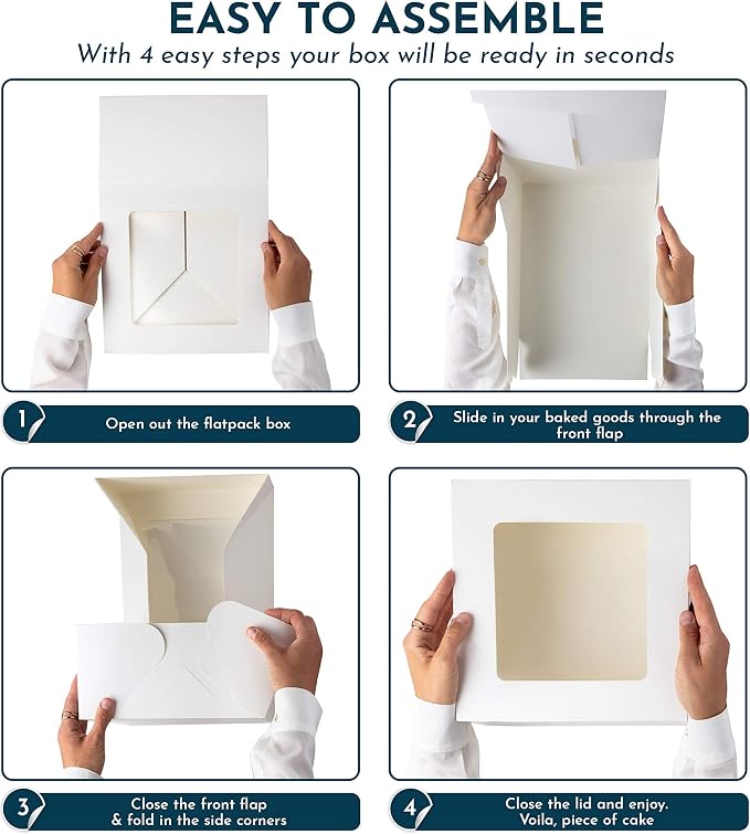 25 Pack Auto Pop-Up Cake Boxes with Viewing Window & 50 Stickers - This White 10x10x5 Bakery Boxes Container is Suitable For Cakes, Cupcakes, And Cookies - Dessert Boxes with Clear Display