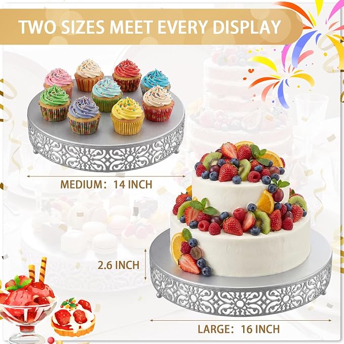 Wenqik 2 Pcs Silver Metal Cake Stand, 14" 16" Large Round Cupcake Stand Dessert Table Display Set Cake Holder for Wedding Birthday Party Bridal Shower Anniversary Table Decoration