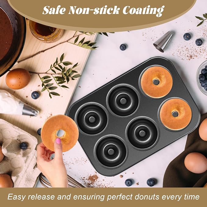 2 Pack Donut Pans, Carbon Steel Donut Pan for Baking with 6 Holes Non-Stick Stackable 10.35" x 7.28" Doughnut Pans Oven Safe Donut Molds for Bagels, Mini Cakes and Muffins