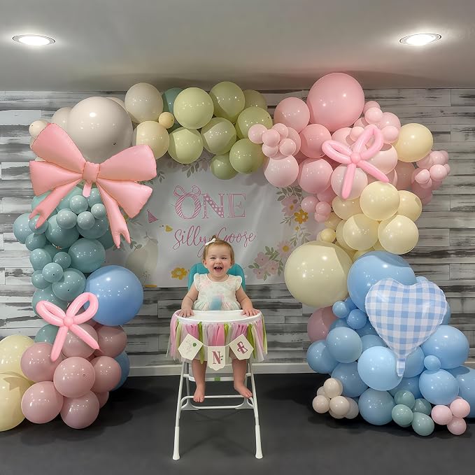 Goose Balloon Arch Kit Pastel Pink Blue Sage Green Balloons Garland Bow Gingham Heart Foil Balloon One Silly Goose Birthday Party Decorations Girl Dusty Pink Blue Yellow Duck Baby Shower Gender Reveal