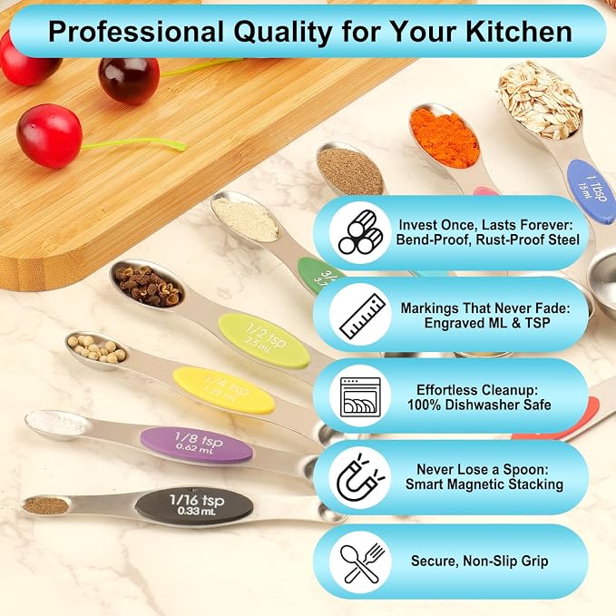 Magnetic Measuring Spoons Set of 9 with Leveler, Color-Coded Dual Sided Stainless Steel Measuring Spoon Set, Stackable Teaspoon and Tablespoon Set for Baking, Cooking, Kitchen Gadgets Dishwasher Safe