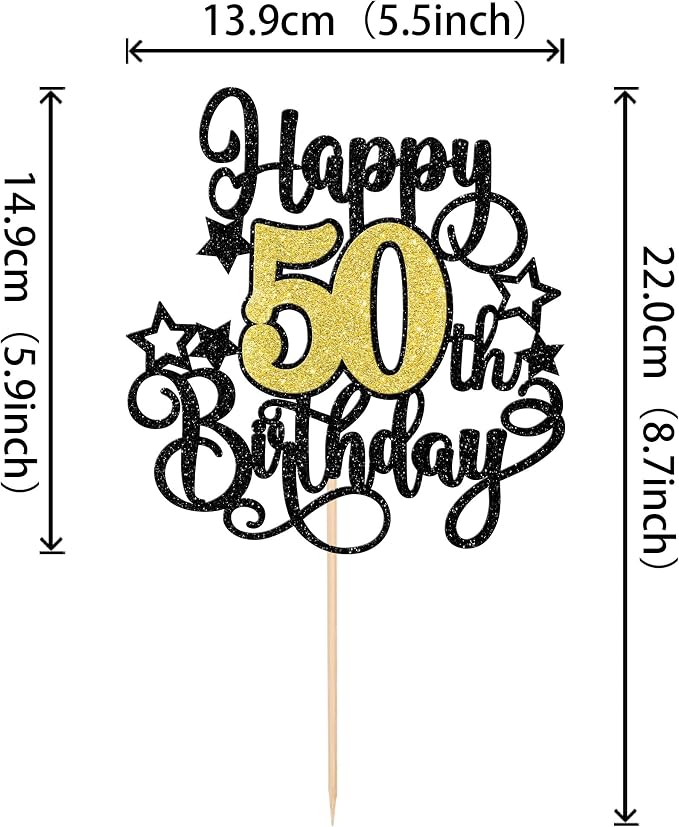 1 PCS Happy 50th Birthday Cake Topper Black Gold Glitter Cheers to 50 Years Birthday Cake Pick Hello 50 Fabulous Cake Decoration for Happy 50th Birthday Anniversary Party Decorations Supplies