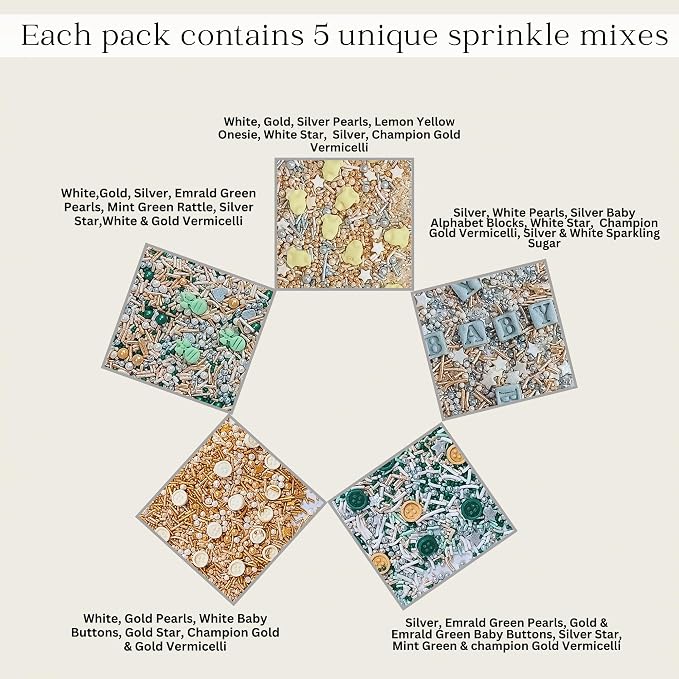 Confect Neutral Baby Shower Sprinkles | Baby Rattle, Onesie & baby Buttons | Gender Reveal Sprinkles | Assorted Pack of 5 Mix Edible Pearls, Jimmies & Star Sprinkle - 5 Oz