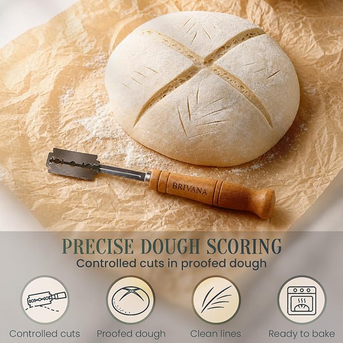 Bread Lame, Sourdough Scoring Tool for Bread Baking, Bread Scoring Tool with Beech Wood Handle, Protective Cover & 5 Replacement Blades