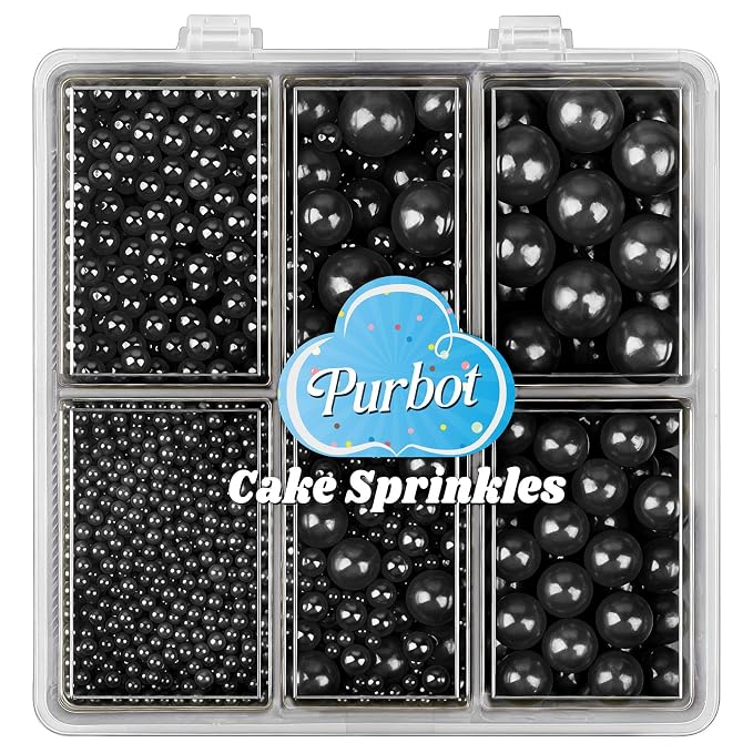 Black Sprinkles for Cake Decorating, 4 Sizes Edible Pearl Sugar 130g/4.6oz, Cupcake, Ice Cream, Donuts, Macaron Toppings Supplies (2mm, 4mm, 7mm, 1cm) (Black)