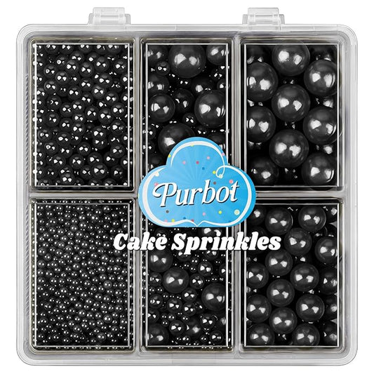 Black Sprinkles for Cake Decorating, 4 Sizes Edible Pearl Sugar 130g/4.6oz, Cupcake, Ice Cream, Donuts, Macaron Toppings Supplies (2mm, 4mm, 7mm, 1cm) (Black)