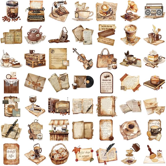 100 Pcs PET Transparent Vintage Coffee Stickers, Waterproof Vinyl Retro Coffee-Themed Decals for Laptop Skateboard Luggage, Watercolor Coffee & Daily Life Stickers Gift for Teens Adults(Retro coffees)