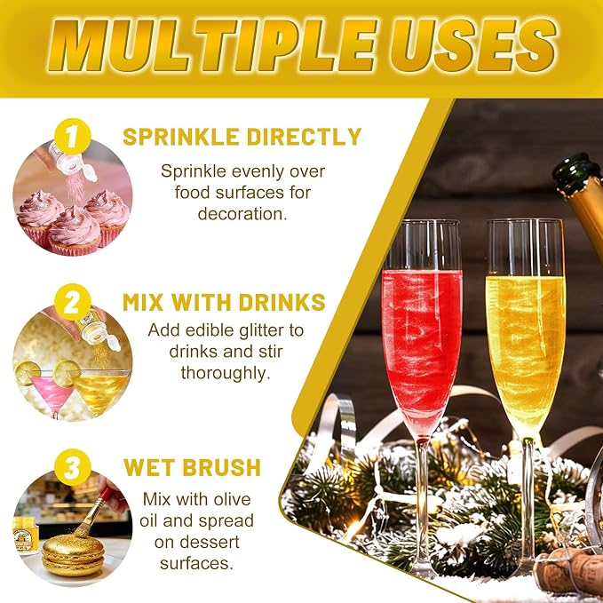 16 Colors Edible Glitter for Drinks - Shimmer Edible Cake Decorations, Food Grade Luster Dust Edible for Cakes, Icing, Party, Vegan, Gluten Free