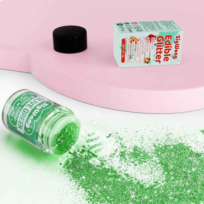 Olive Green Edible Glitter - 5g Food Grade Cake Decorating Shimmering Glitter, Edible Sprinkle Luster Dust for Drinks, Chocolates, Fondant, Strawberries, Cupcakes, Candy, Easter Cookie - Vegan