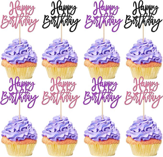 24 PCS Happy Birthday Cupcake Toppers Glitter Happy Birthday Cupcake Picks for Celebrating Anniversary Theme Party Cake Decorations Supplies Black Purple Pink