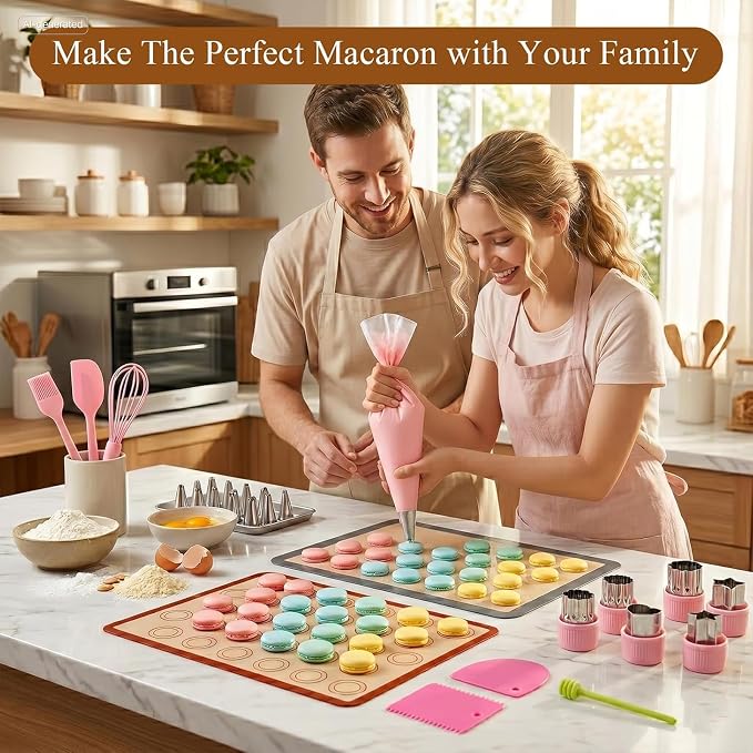 Supkiir 33 Pcs Macaron Silicone Baking Mats Kit, 2 Sheet Nonstick Macaroon Mat Silicone, 2 Piping Pastry Bag, 14 Piping Tip, 2 Coupler, 5 Scraper Set, 1 Egg Beater, 6 Embossing-Molds Macaron