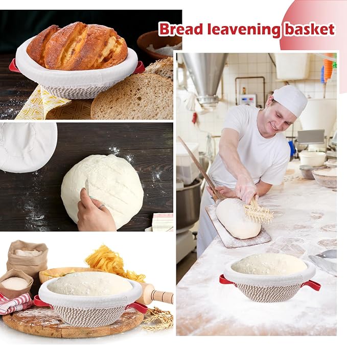 Gejoy 4 Pcs 9.1 Inch Cotton Rope Banneton Bread Proofing Basket Set Round Bread Baskets with Liners & Covers Proofing Baskets for Sourdough Baking with 4 Strickle for Home Bakers Wife (Yellow, White)