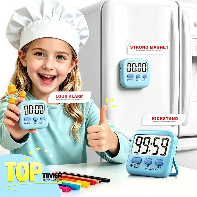 Antonki 2 Pack Digital Timer for Kids, Magnetic Countdown Kitchen Timers for Cooking, Egg, Classroom, Teacher, Exercise, Study, Oven - Battery Included