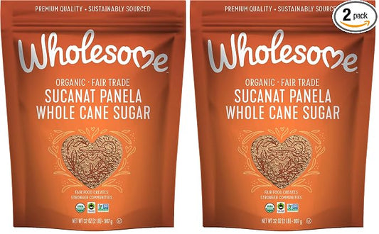 Wholesome Sweeteners 32-Ounce Organic Sucanat Panela Whole Cane Sugar, Fair Trade, Non-GMO Project Verified, Gluten Free & Vegan for Baking, Sprinkling and More, (Pack of 2)