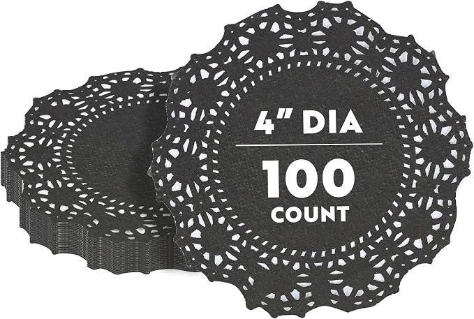 Restaurantware Pastry Tek 4 x 4 Inch Lace Doilies 100 Decorative Tableware Placemats - Disposable Round Black Paper Table Doilies For Birthdays Or Weddings Table Decor