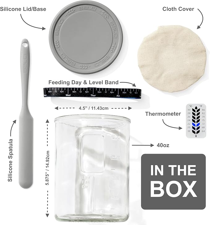 Premium Sourdough Starter Jar - 40oz Large Sourdough Jar with Marked Feeding Band, Scraper, Cloth Cover and Silicone Lid/Base, Wide Mouth Starter Kit - Grey