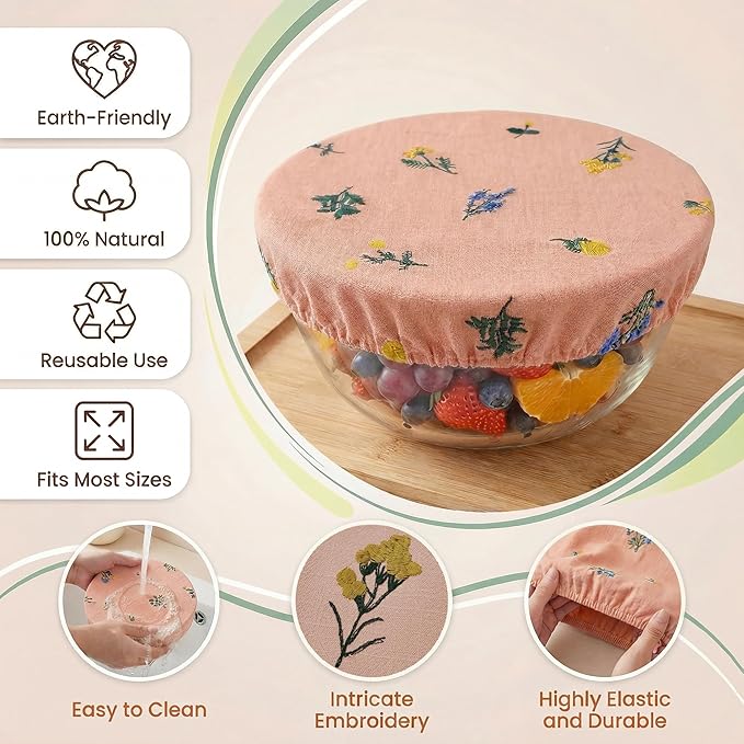 Reusable Bowl Covers (Set of 4) - Breathable Cotton Linen Sourdough Accessories - Elastic Durable Fabric Food Lids for Proofing Baskets & Bread Baking Supplies (Dusty Peach)