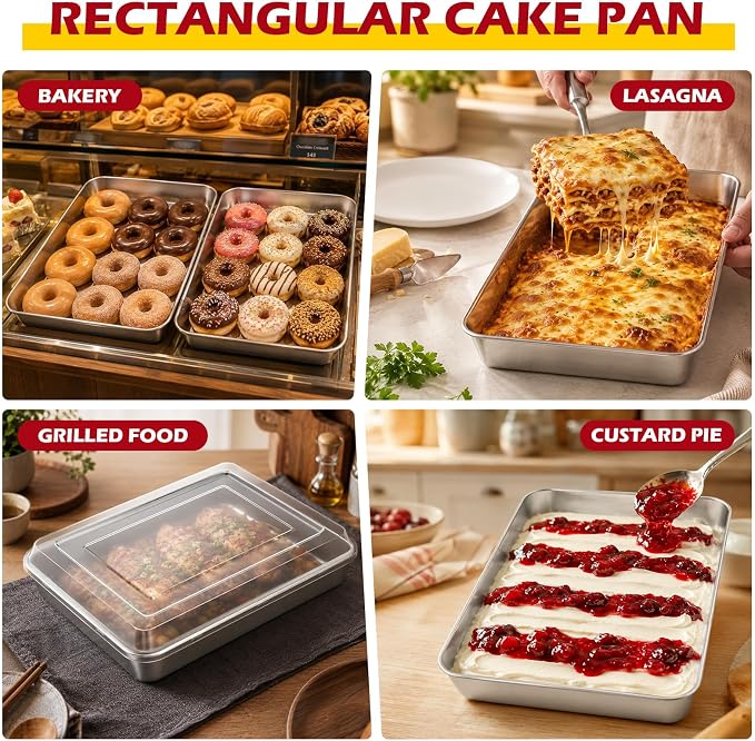 Leonyo Lasagna Pan with Lid, 10.5 x 8 x 2 Inch Rectangular Cake Pan with Lid, Stainless Steel Baking Sheet Brownies Casseroles Deep Tray for Toaster Oven, Focaccia, Fish, Chicken