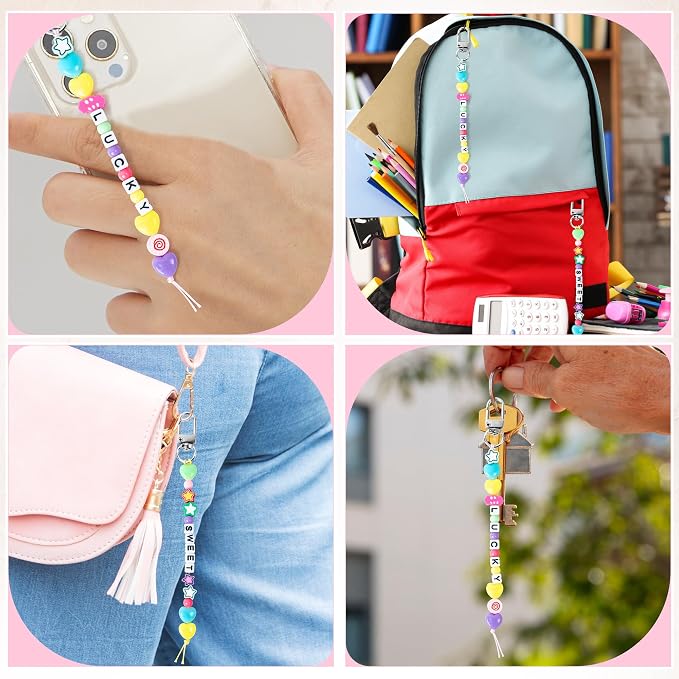WATINC DIY Macaron Bead Keychain Kit - Bag Charms Cute Beads Bracelet Necklace Making Craft Kits, Letter Beads for Jewelry Accessories Festival Party Gift Favor for Women Men（1392Pcs