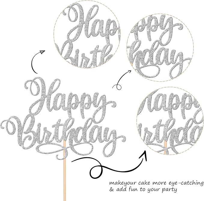 ZHUOWEISM 1 PCS Happy Birthday Cake Topper Glitter Happy Birthday Cake Pick for Celebrating Happy Birthday Anniversary Party Cake Decorations Supplies Silver