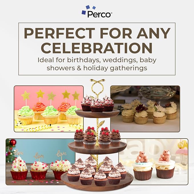 Perco 3 Tier Wooden Cupcake Stand, Walnut Wood Tiered Display Stand for 20 Cupcakes – Rustic Dessert Table Display Set, Tiered Serving Tray for Weddings, Birthdays, Baby Showers & Events