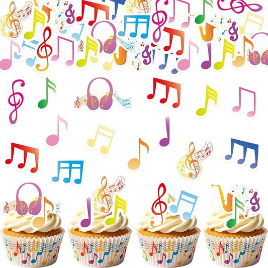 64PCS Edible Musical Notes Cupcake Toppers Wafer Paper Colorful Music Symbol Cake Picks Music Concert Cake Topper Edible Musical Cupcake Picks for Concert Theme Party Decor