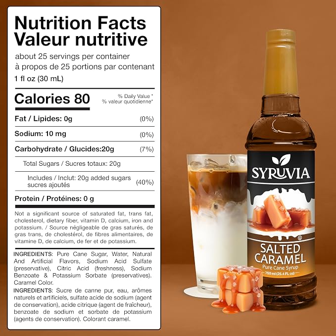 Syruvia Coffee Syrup, Salted Caramel Flavored Syrup for Drinks, Lattes, and Desserts – 25.4 fl oz - with Pump