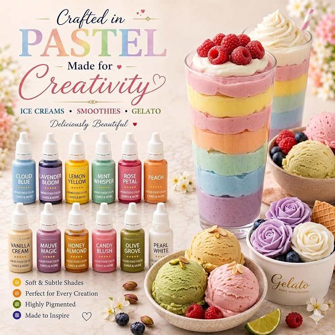 Confect Pastel Elegance Water Color Food Coloring Set – Highly Pigmented Oil Based Food Colors for Cakes, Buttercream, Drinks, Popsicles & Baking – 12 Pack × 10mL