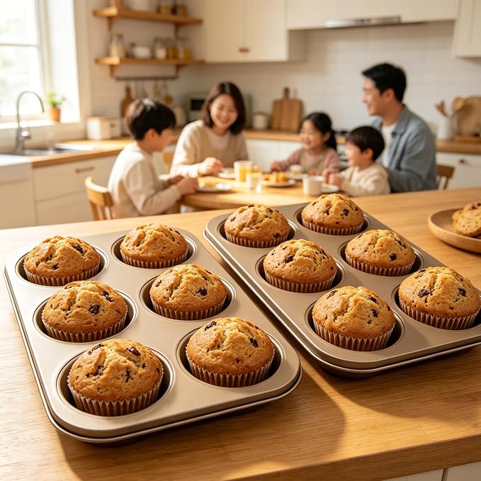 Non-Stick Gold Jumbo Muffin Pans, 6-Cup Set of 2 | Carbon Steel, Spatula Included for Extra-Large Muffins & Cupcakes