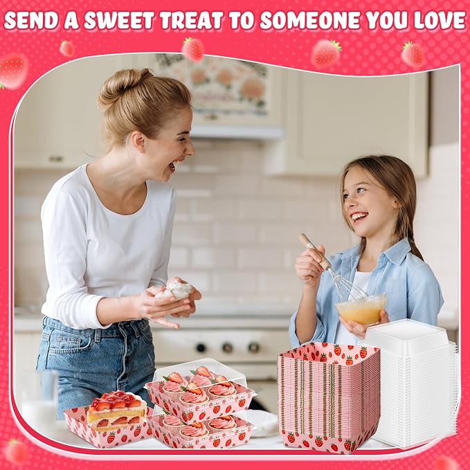 Potchen 50 Pack Bakery Boxes with Clear Lids, Disposable Charcuterie Treat Boxes for Cookies, Donuts, Cupcakes, Candy and Mini Cakes, Party Favor for Wedding and Gift Giving(Pink Strawberry)