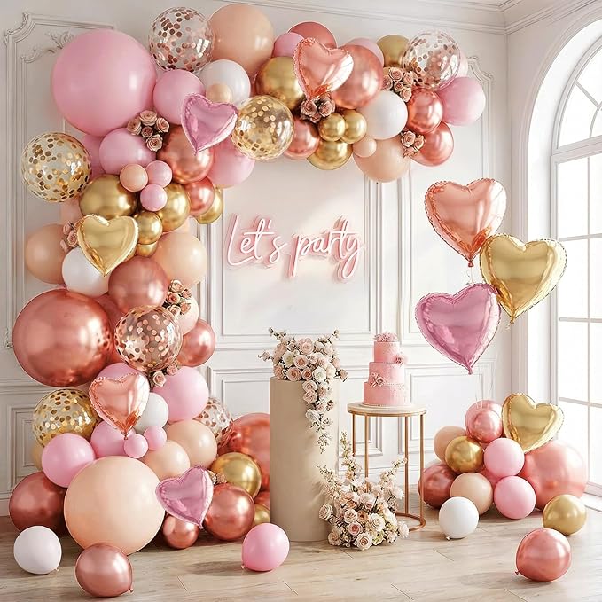 Rose Gold Pink Balloon Arch Kit,Light Pink Nude White Metallic Gold Balloons Garland Rose Gold and Gold Confetti Balloons with Heart Balloon for Wedding Bridal Shower Birthday Party Decorations