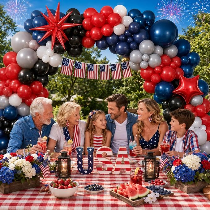 Black Red Blue Balloon Arch Garland Kit, Spider Themed 4th of July Patriotic Balloons Double Stuff Red Navy Blue Black Gray Pearl White Balloon for Kids Boys Baby Shower Birthday Party Decorations