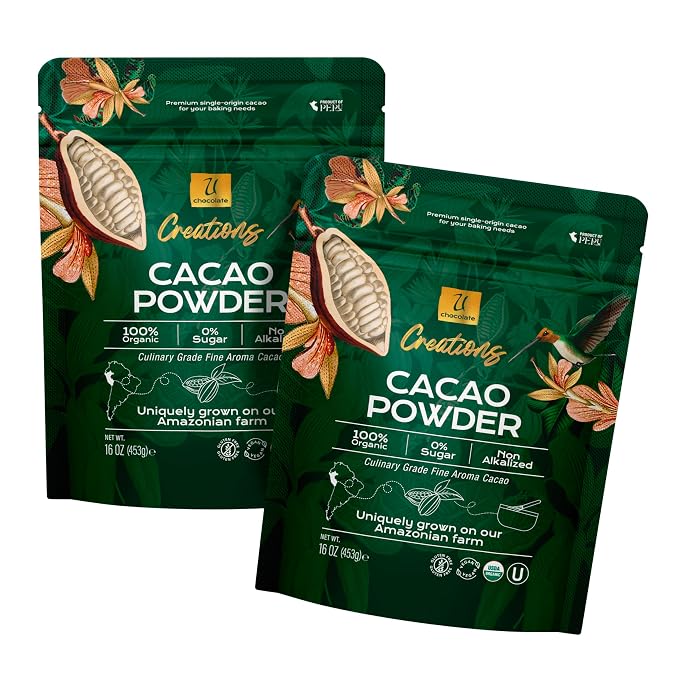 U Chocolate Organic Cacao Powder, Unsweetened & Unalkalized – Fresh from our Farm – Vegan, Allergen-Free, Single-Origin for Baking & Smoothies – 32 oz (two 16-oz bags)