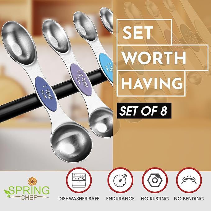 Spring Chef Stainless Steel Magnetic Measuring Cups, Set of 7 & Heavy Duty Magnetic Measuring Spoons, Set of 8 with Leveler - 2 Product Bundle - Winter Frost