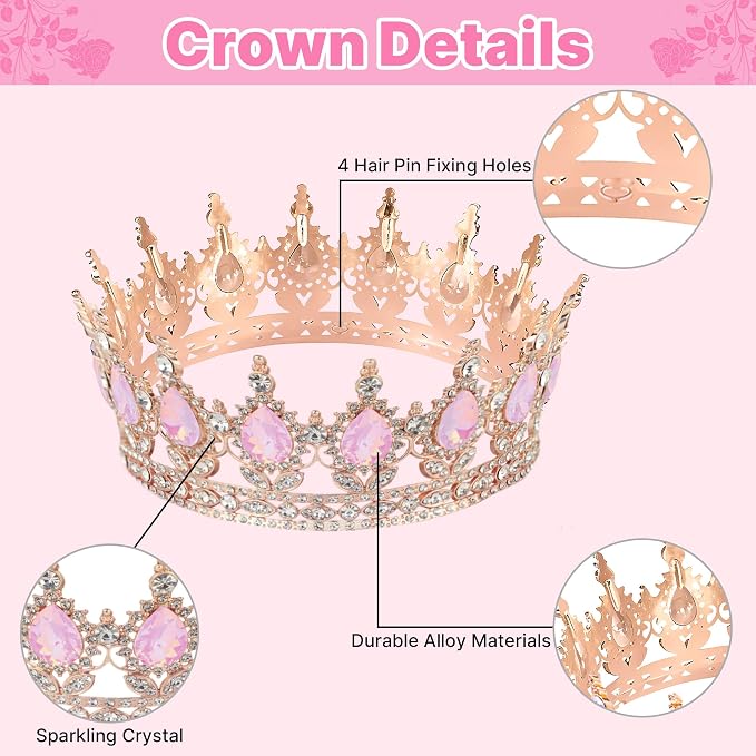 Crown Cake Topper, Pink & Rose Gold Crown Balls Happy Birthday Cake Toppers Candles Butterfly, Corona Para Pastel, Crown Cake Decorations for Women Queen Princess (Rose Gold, Jelly Pink)