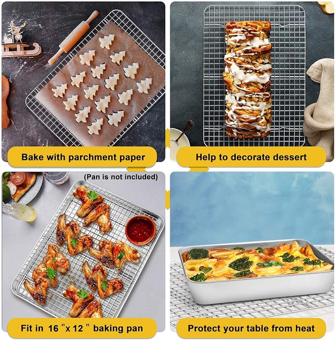 P&P CHEF 15.3 Inch Cooling Baking Rack Set of 2, Stainless Steel Grid Cooking Racks for Roasting Drying Grilling, Oven & Dishwasher Safe, Heavy Duty & Healthy